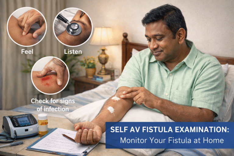 patient doing Self AV Fistula Examination at Home